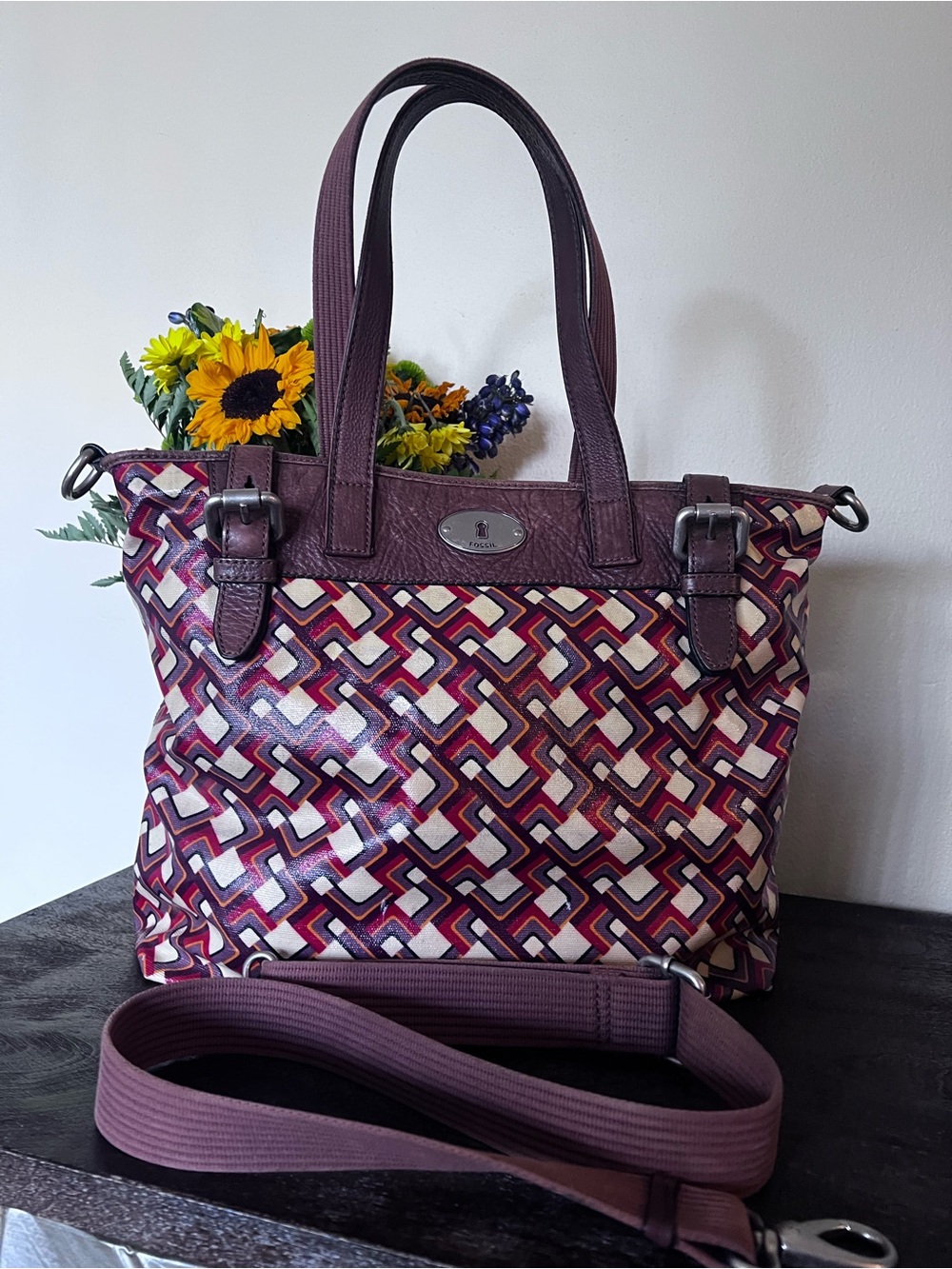 Fossil Covered Canvas Plum Brown Beige Geometric Multi Color Spacious Tote